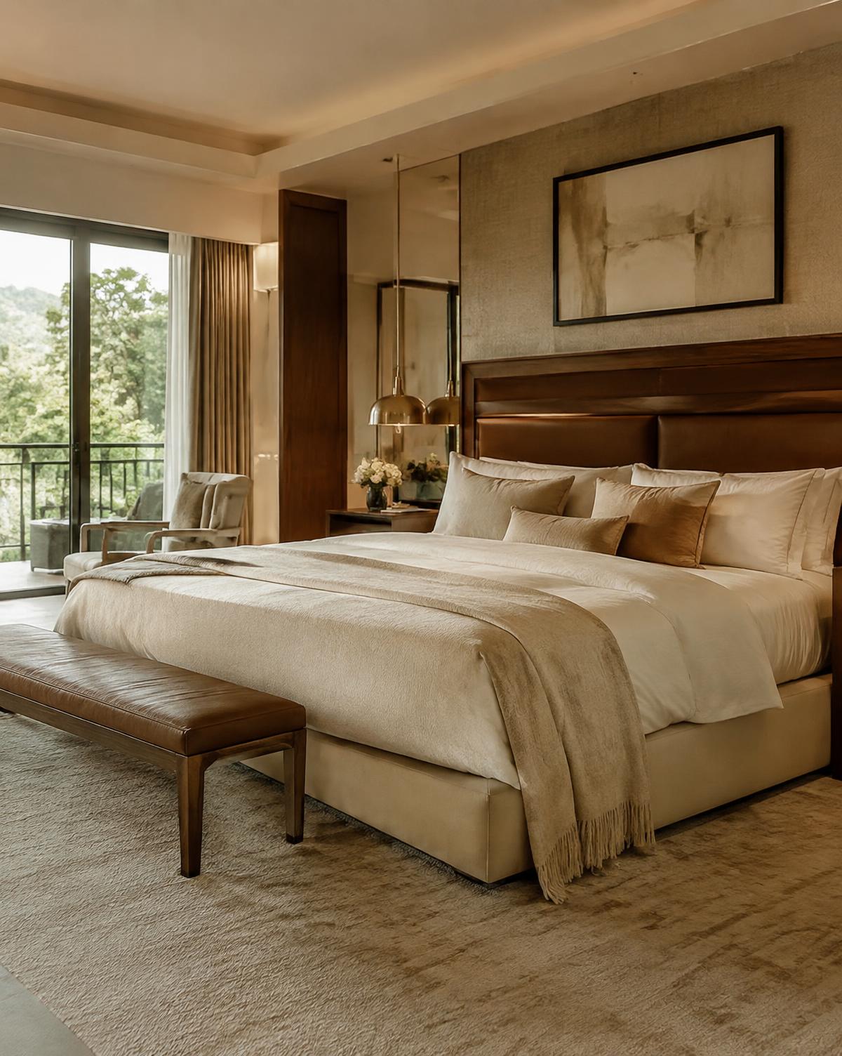 Master suite with walnut headboard